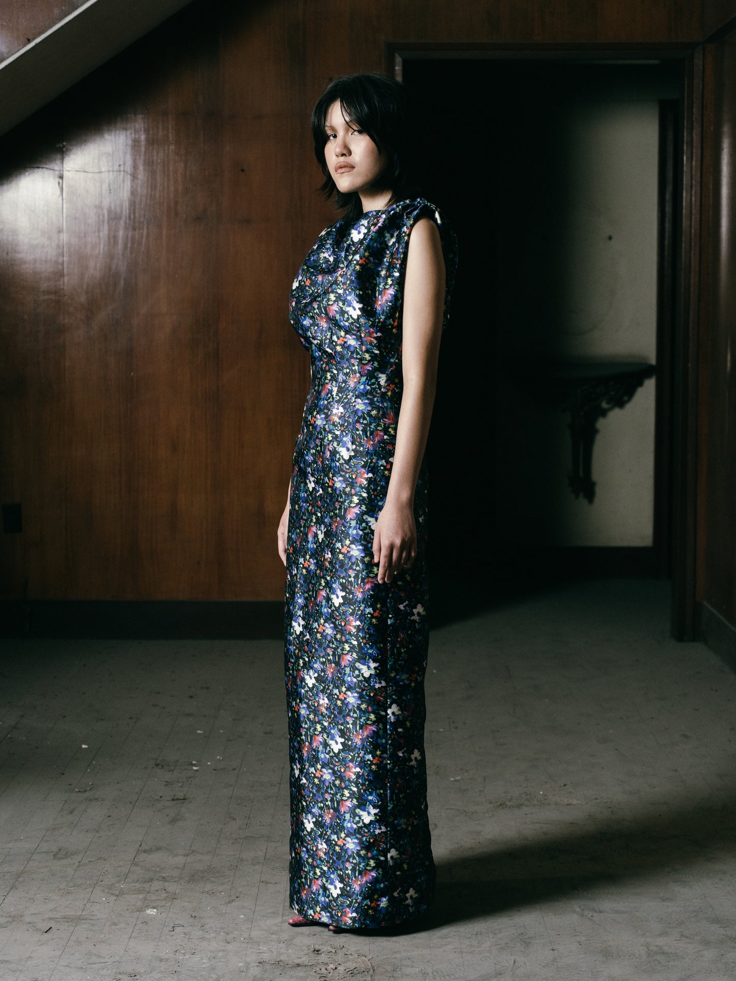 Pleated Shoulder Gown